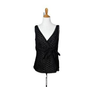 Ann Taylor V neck Sleeveless Faux Wrap Bow Top Black Eyelet size 12 Womens